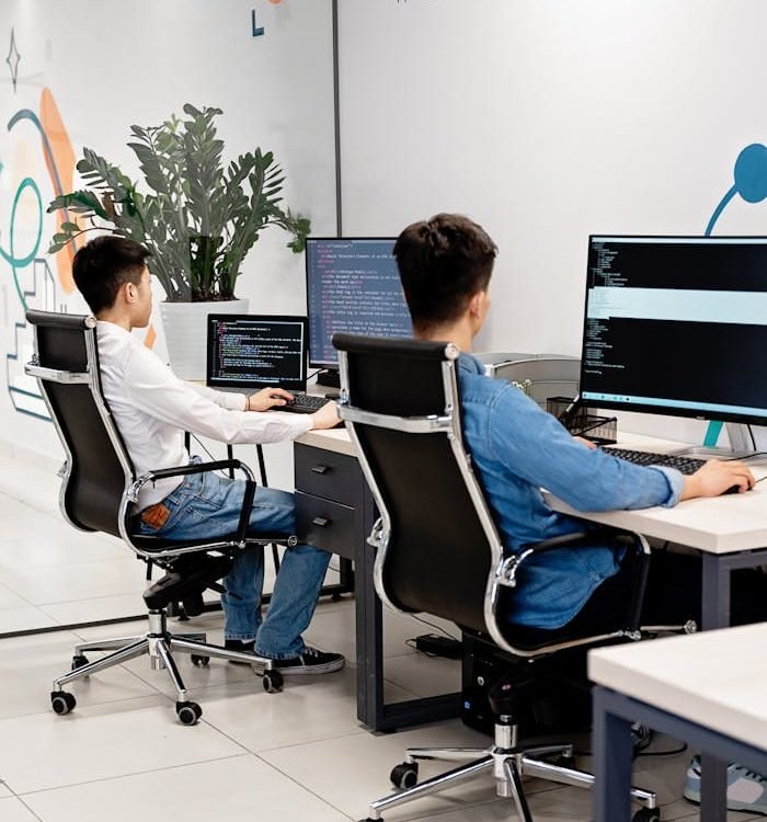 Two programmers collaborating in a bright, modern office, coding on monitors.