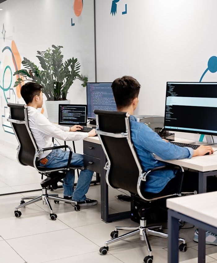 Two programmers collaborating in a bright, modern office, coding on monitors.
